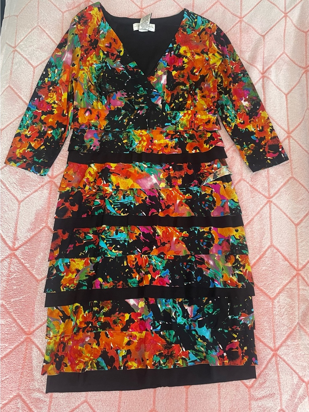London Style Black Multicolor Floral Print Layered Dress
